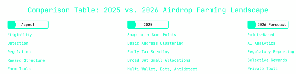 Table comparing 2025 and 2026 airdrop farming standards.